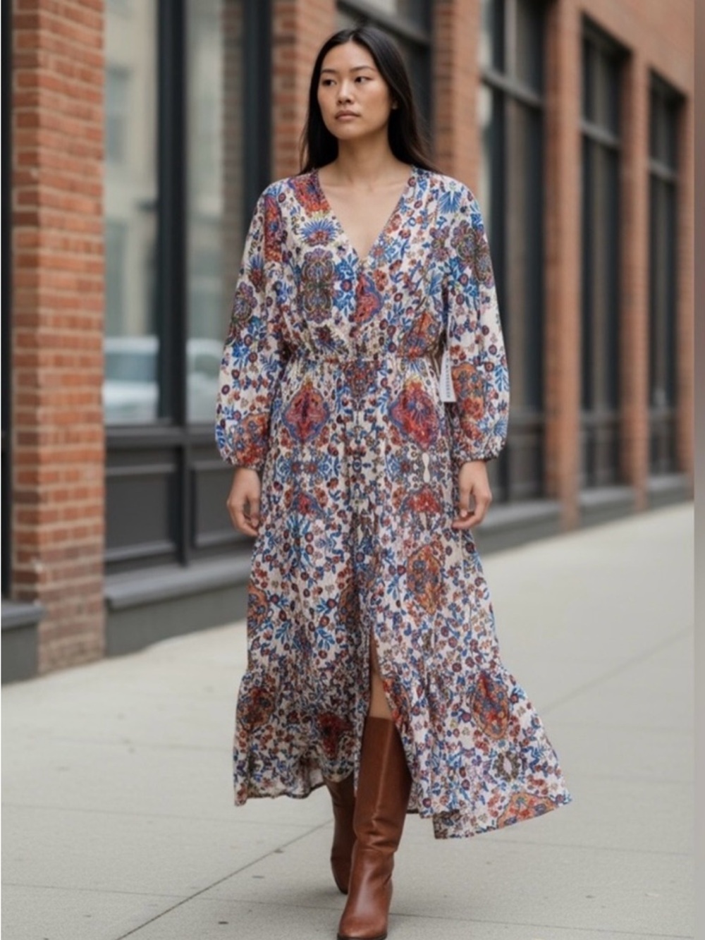 Anthropologie Floral V-Neck Maxi Dress in Blue, Coral, Rust & Cream